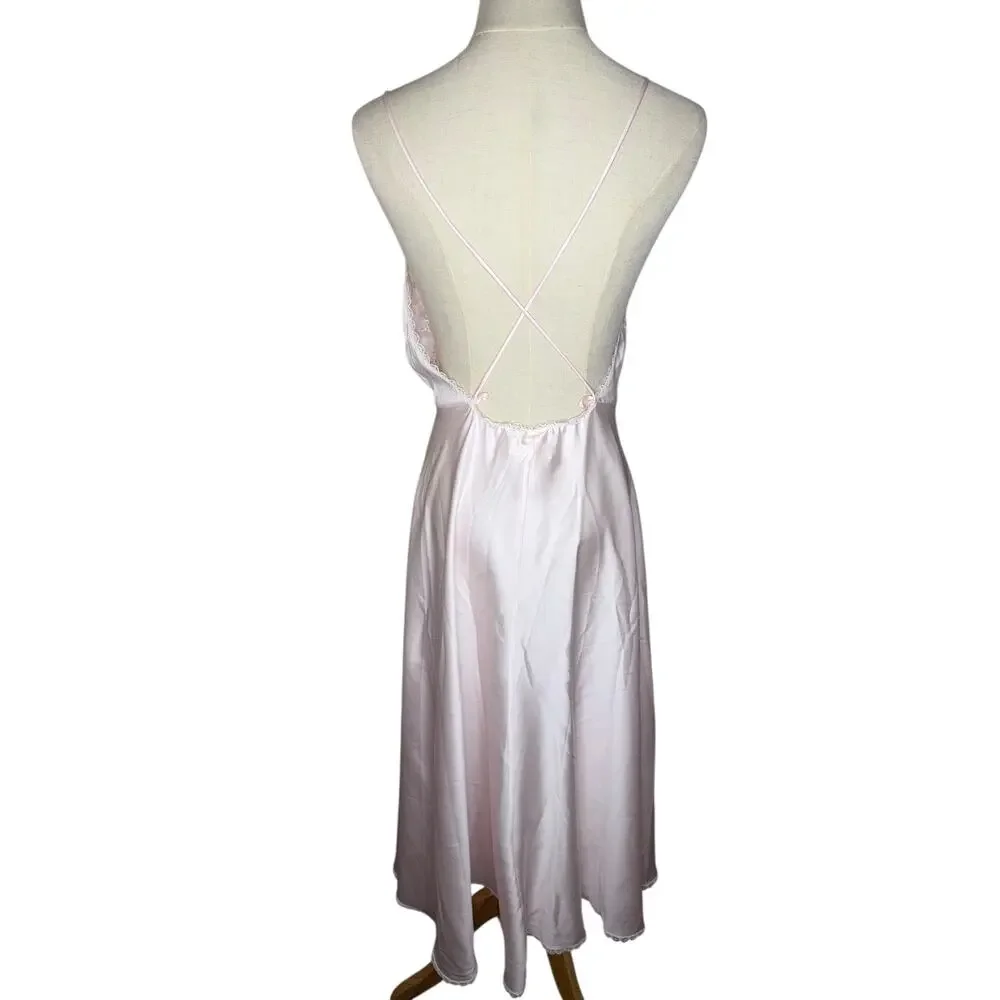 Vintage Victoria Secret Dainty Embroidered Pink Slip Halter Dress Size Small